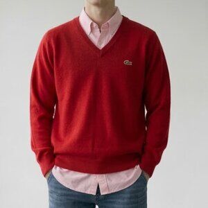 Izod Lacoste Vintage 1980's Red Orlon Acrylic V-Neck USA Made Sweater Men's XL